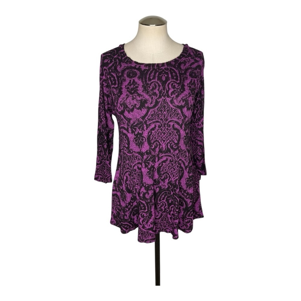 Tianello Purple Black Damask Tunic Top 3/4 Sleeve Flowy M - Picture 2 of 7